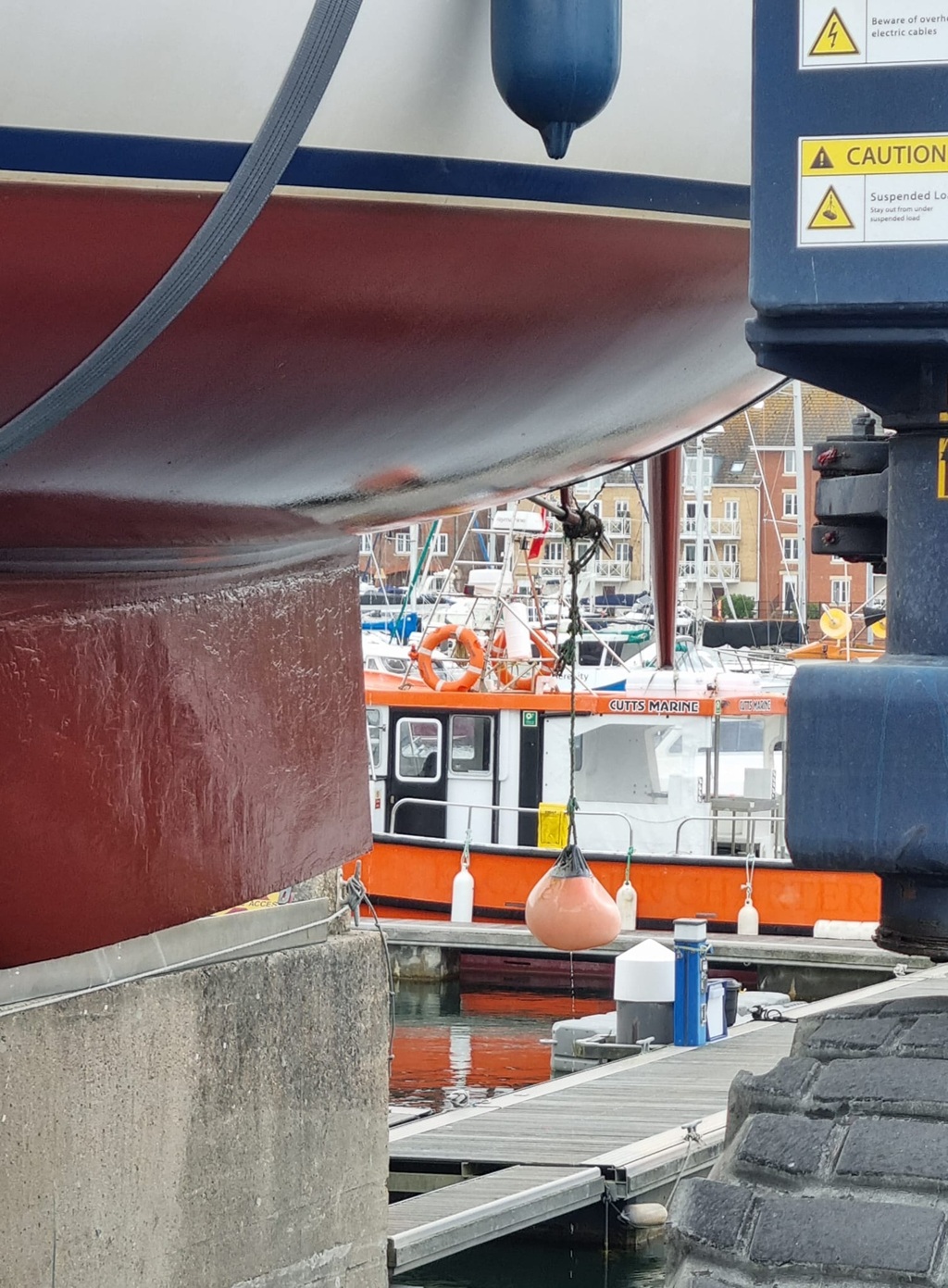 The Versluis' Westerly Oceanranger lifted out with the buoy and rope still around their propeller